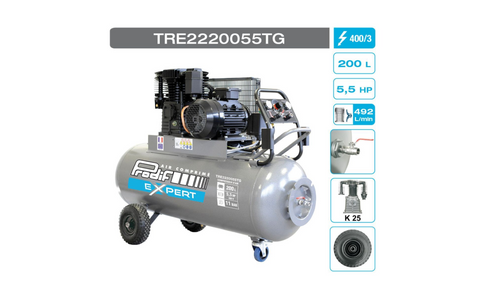 Compresseur à courroie, mobile 200 litres 400V, 29,5m³/h, 5,5 CV, bi-cylindre, TRE2220055TG, PRODIF EXPERT PRODIF EXPERT